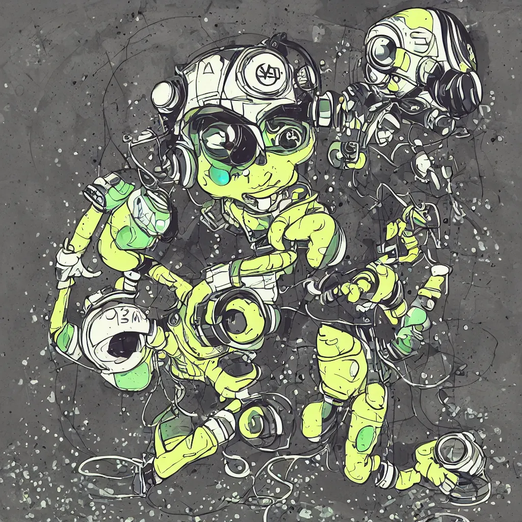 Image similar to a toad wearing headphones, ryuta ueda artwork, breakcore, style of jet set radio, y 2 k, gloom, space, cel - shaded art style, record store, data, minimal, code, cybernetic, dark, eerie, cyber