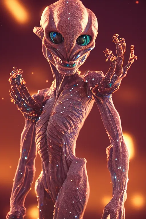 Prompt: skin concept alien, in full growth, mineral crystals instead of skin, magical crystals, smoky crystals, translucent crystals, luminous sparkling crystals, many details, 3 d, cinematic, hyper realism, high detail, octane render