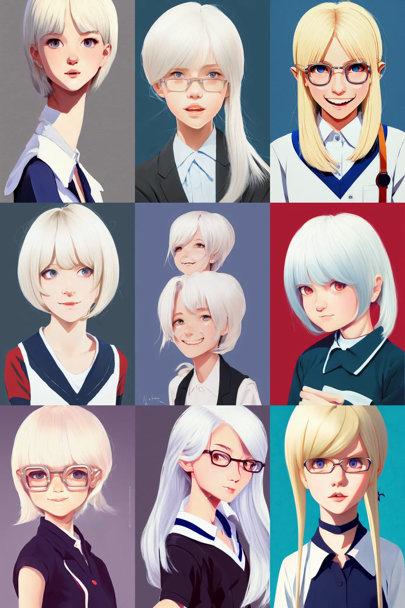 Image similar to a headshot of a very happy cute girl with shoulder - length white hair wearing school uniform, sharp focus, illustration, morandi color scheme, art station, high detailed, by ilya kuvshinov