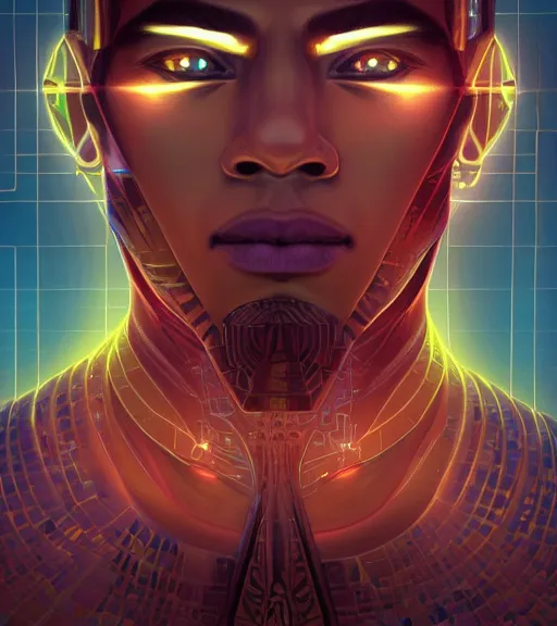 Image similar to symmetry!! egyptian prince of technology, solid cube of light, hard edges, product render retro - futuristic poster scifi, lasers and neon circuits, brown skin man egyptian prince, intricate, elegant, highly detailed, digital painting, artstation, concept art, smooth, sharp focus, illustration, dreamlike, art by artgerm