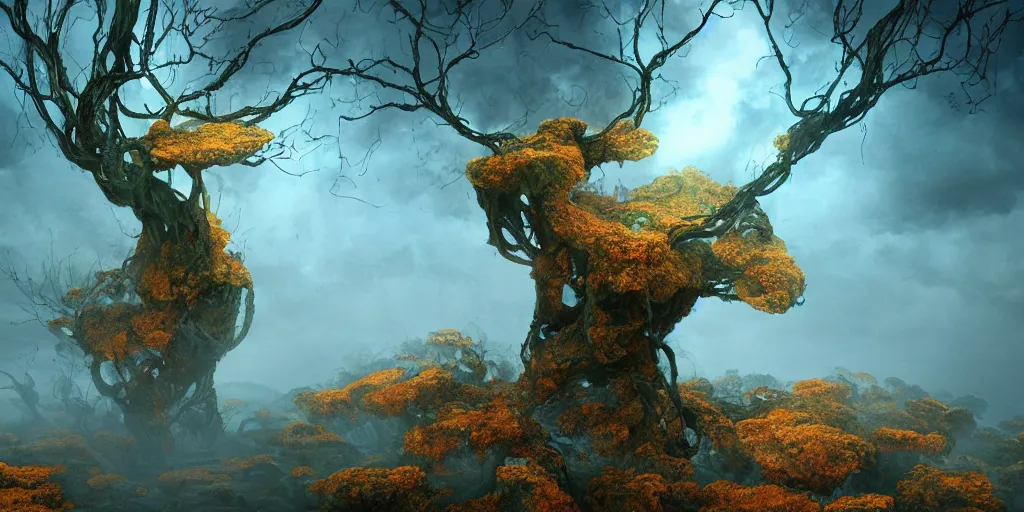 Prompt: Photorealistic intricate detailed picture of a levitating floating spirit with arms outstretched, made from colourful fungus tendrils. a gentle rising mist, an epic rocky landscape. occult photorealism, UHD, amazing depth, glowing, golden ratio, 3D octane cycle unreal engine 5, volumetric lighting, cinematic lighting, cgstation artstation concept art
