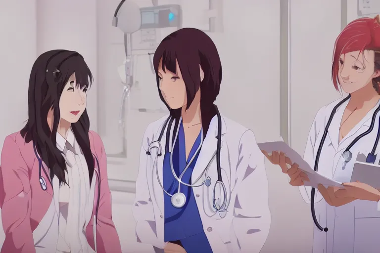 Prompt: a beautiful young female doctor wearing white coat are talking with a nurse wearing pink coat in a hospital ward, highly detailed, 8kHDR, slice of life anime, anime scenery by Makoto shinkai