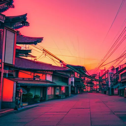 Image similar to synthwave japanese town, sunset, sharp focus, 8 k, high details