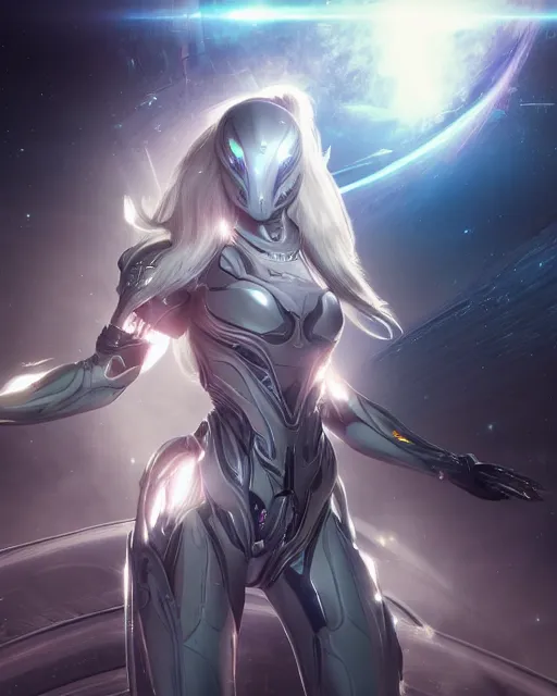 Image similar to photo of a beautiful girl on a mothership, android, warframe armor, pretty face, scifi, futuristic, galaxy, raytracing, dreamy, perfect, aura of light, pure, white hair, blue cyborg eyes, glow, insanely detailed, artstation, innocent look, art by gauthier leblanc, kazuya takahashi, huifeng huang