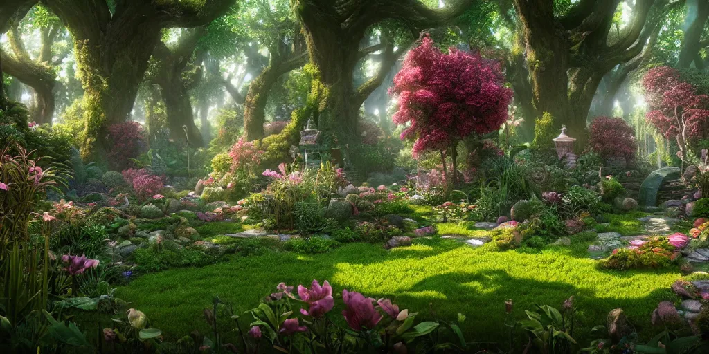 Image similar to in an ethereal magical garden, highly detailed, 8 k, hdr, award - winning, octane render, artstation