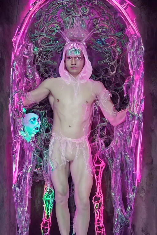 Image similar to full-body rococo and cyberpunk delicate neon crystalline sculpture of ((muscular albino prince Zayn Malik)) as an iridescent humanoid deity wearing a thin see-through ((plastic hooded cloak)) (holding a human skull) in a white castle dungeon, reclining con (((las piernas abiertas))), glowing pink face, crown of (white lasers), large diamonds, swirling black silk fabric. futuristic elements. oozing glowing liquid, full-length view. space robots. intricate artwork by caravaggio. Trending on artstation, octane render, cinematic lighting from the right, hyper realism, octane render, 8k, depth of field, 3D