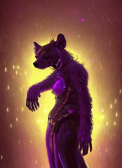 Image similar to beautiful full-body portrait commission of a [female furry anthro!!! spotted hyena fursona] [wearing jedi robes] [in a cyberpunk city at night in the rain]. Neon light. Atmospheric. Renowned character illustration by greg rutkowski, thomas kindkade, alphonse mucha, loish, norman rockwell. detailed, dungeons and dragons character art