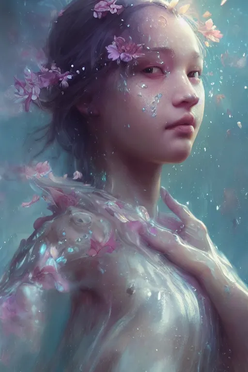 Image similar to face closeup a young beautiful girl drowned in water covered with ice crystals, 3 d render, hyper realistic detailed portrait, holding magic flowers, ruan jia, wlop. scifi, fantasy, hyper detailed, octane render, concept art, by peter mohrbacher, by wlop, by ruan jia