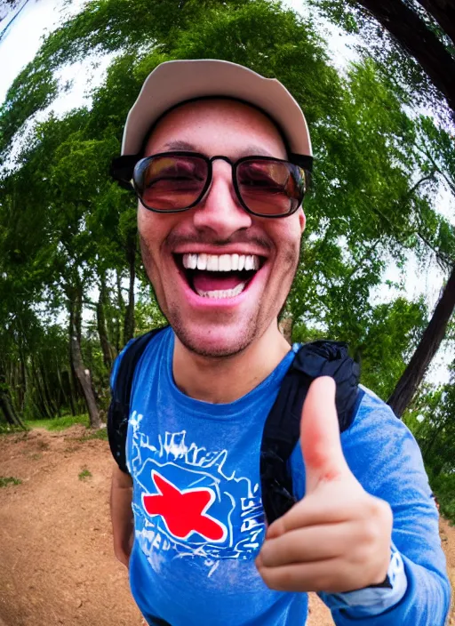 Prompt: photo of a person smiling and giving a thums up out doors. fisheye lens