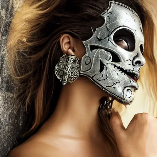 Prompt: A new dark hero for blockbuster movies. A beautiful woman wearing a silver skeletal mask, with an ancients, ultra-detailed pattern. Attractive eyes. A fearless smile. Blurred background. Earrings. Golden