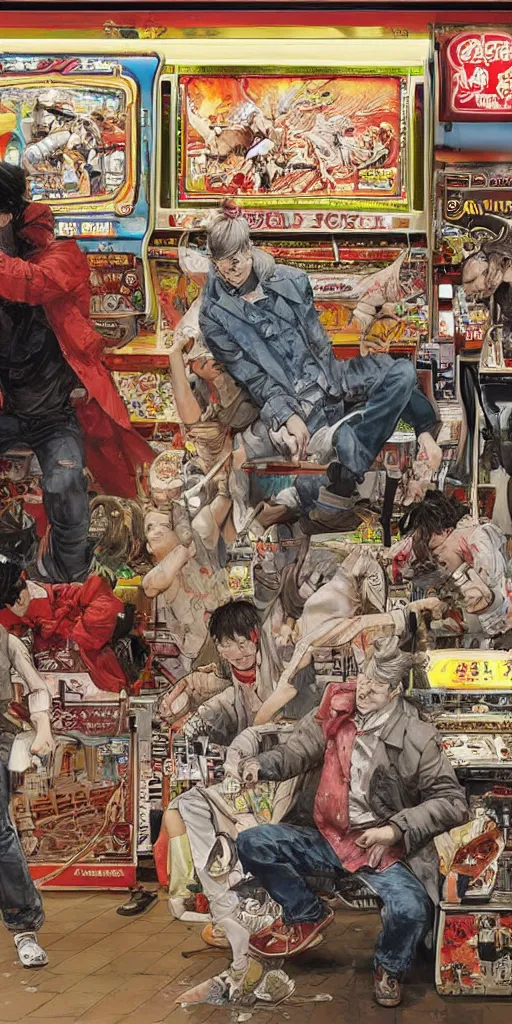 Image similar to oil painting scene from amusement arcade by kim jung gi