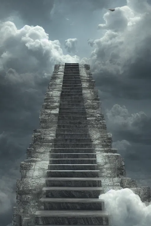 Image similar to infinite stairs rising to the heaven in the middle of the sky, concept art, octane render, unreal engine 5, digital painting, hyperrealistic, highly detailed, high quality, 8 k hdr, digital art, clouds in the sky, breathtaking view, path traced, god, godrays, beautiful, elegant, harmonious, complementary colors, natural lighting