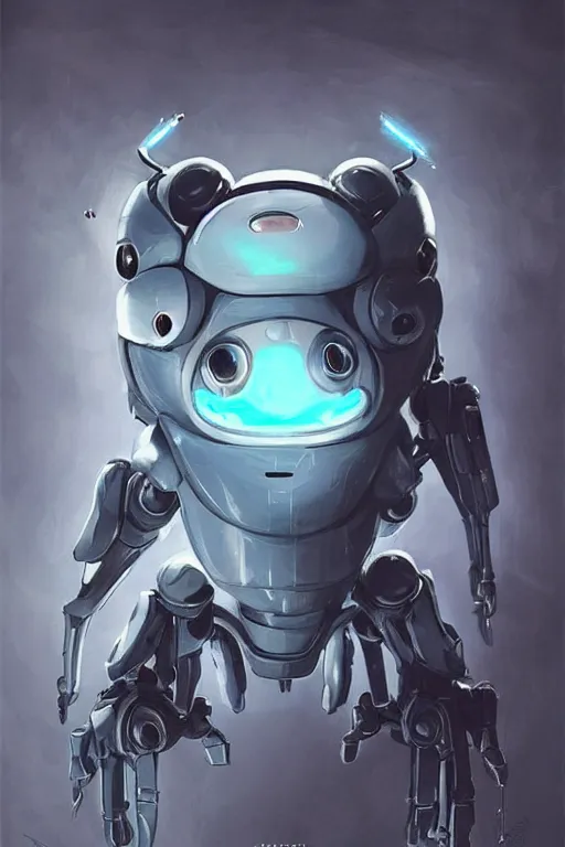 Image similar to cute spider bot from ghost in the shell, spider Tachikoma, tiny, small, miniature bot Tachikoma, baby Robot, short, pale blue armor, cute and adorable, pretty, beautiful, DnD character art portrait, matte fantasy painting, cgsociety Artstation, by Jason Felix by Steve Argyle by Tyler Jacobson by Peter Mohrbacher, cinematic lighting