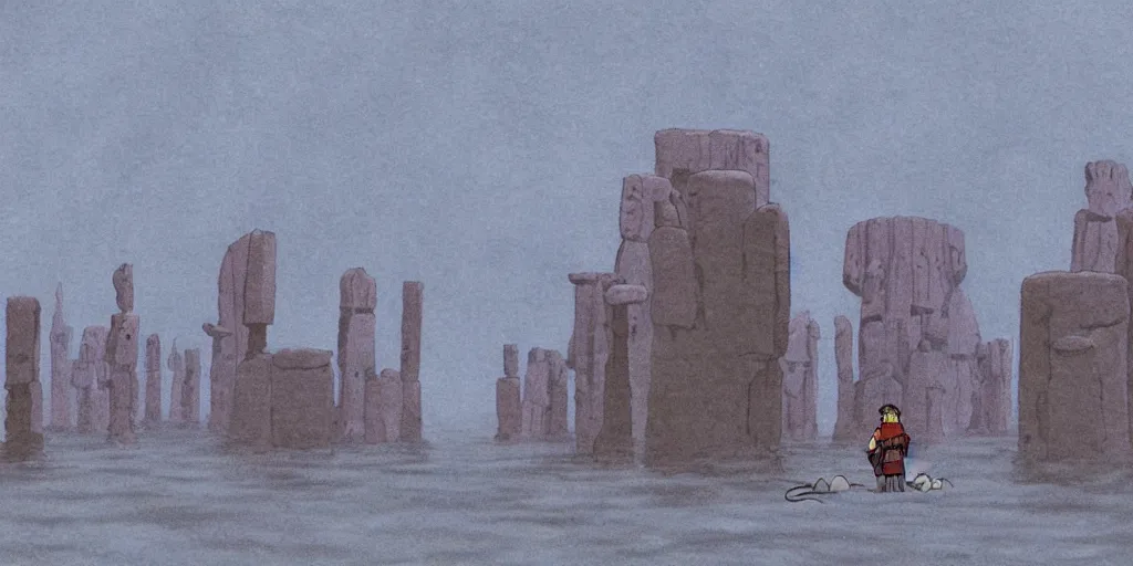 Image similar to a realistic cell - shaded studio ghibli concept art from paprika ( 2 0 0 6 ) of a flying intelligent dull grey mechanical octopus from close encounters of the third kind ( 1 9 7 7 ) in a flooded monument valley stonehenge. very dull colors, wide shot, hd, 4 k, hq