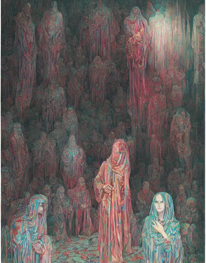 Image similar to worshippers in robes belonging to the cult of the crystal light gather inside a small room around the big glowing crystal, big glowing crystal radiating white light, small room, interior, beksinski painting, part by adrian ghenie and gerhard richter. art by takato yamamoto. masterpiece, deep colours