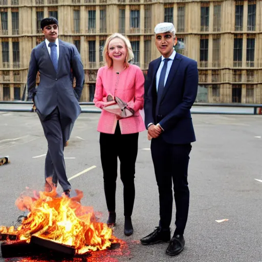 Prompt: Liz truss and Rishi sunak at parliament burning a pile of money. Daily Telegraph.