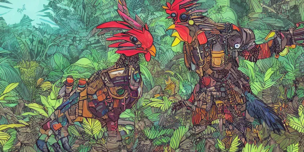 Image similar to colorful illustration of a fully armoured fighting rooster in a dense jungle, mix of styles, dieselpunk, ghost in the shell color scheme