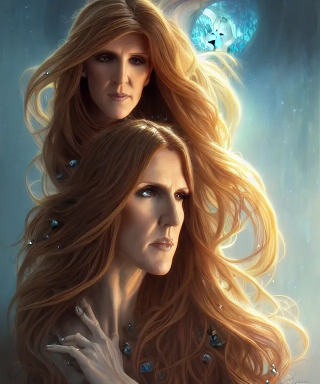 Image similar to Celin Dion as a fantasy magic woman portrait, sci-fi, amber eyes, face, long hair, fantasy, intricate, elegant, highly detailed, digital painting, artstation, concept art, smooth, sharp focus, illustration, art by artgerm and greg rutkowski and alphonse mucha