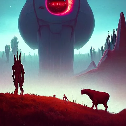 Image similar to giant creature lurking over a cowering smaller creature, in the foreground a small town, epic science fiction horror by Simon Stalenhag and Mark Brooks, extremely detailed