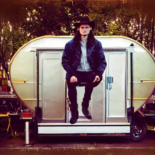 Prompt: a man sitting on a stool in front of a trailer, an album cover by james baynes, instagram contest winner, neo - romanticism, night, aesthetic, # film, photo taken with ektachrome