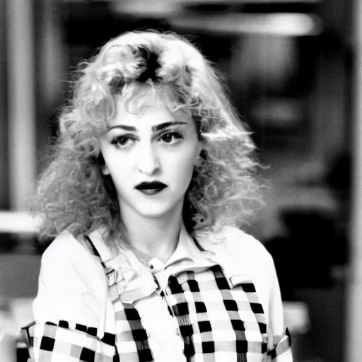 Prompt: picture of a 2 4 - year old madonna's famous 1 9 8 4 cameo as a mcdonald's worker in trading places, ( eos 5 ds r, iso 1 0 0, f / 8, 1 / 1 2 5, 8 4 mm, postprocessed, crisp face, facial features )