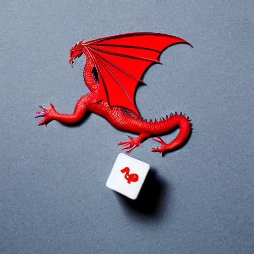 Image similar to a red dragon holding a red die, white background