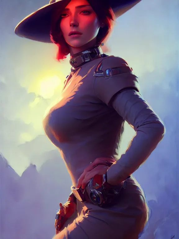 Prompt: masterpiece concept art, a beautiful highly detailed sci - fi western lady in translucent hat, confident pose, cinematic moody colors, realistic shaded lighting poster by ilya kuvshinov, magali villeneuve, artgerm, jeremy lipkin and michael garmash and rob rey,