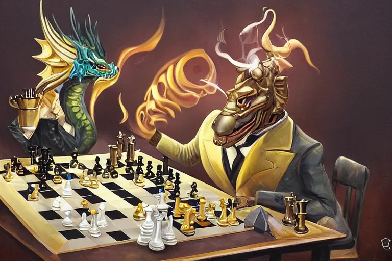 Prompt: oil painting art deco cartoonish fantasy dragon shiny scales golden highlights smoking a cigar sitting at a chess table strategy wearing a handsome suit, trending on artstation, deviantary, furaffinity, line weight