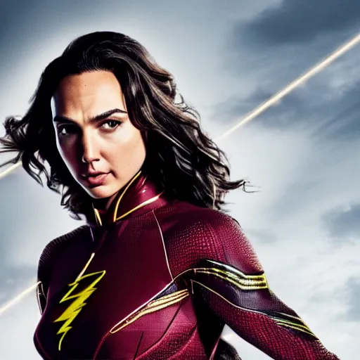 Prompt: an potrait of gal Gadot cast of movie the flash and wearing a flash suit, photorealistic high detail, view from below, full body shot.