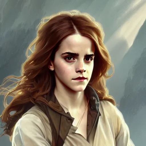 Prompt: Emma Watson as Hermione Granger. Happy. Cheerful. Western. Closeup. Fantasy. Intricate Elegant. Highly detailed. Digital painting. Artstation. Concept art. Matte. Sharp focus. Illustration. Art by Artgerm and Greg Rutkowski and Alphonse Mucha