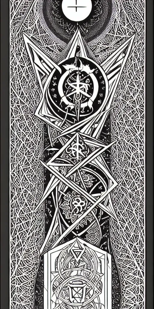 Image similar to a beautiful fractal tarot card featuring bold occult imagery with clean lines