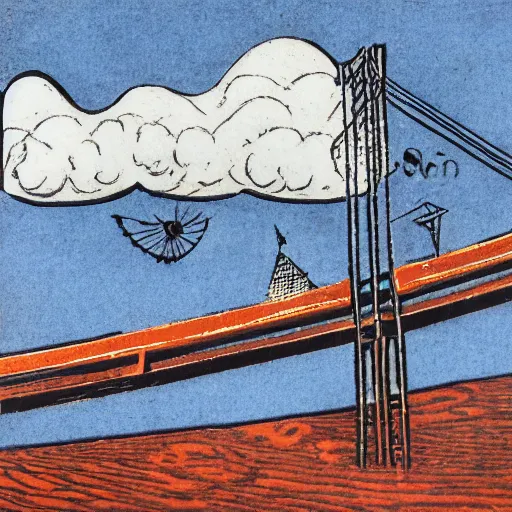 Image similar to small steel suspension bridge built in 1 9 2 8, side view, puffy clouds in background, woodcut style, 8 k