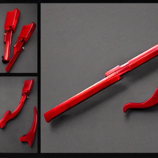 Image similar to A red futuristic scythe that is also a gun