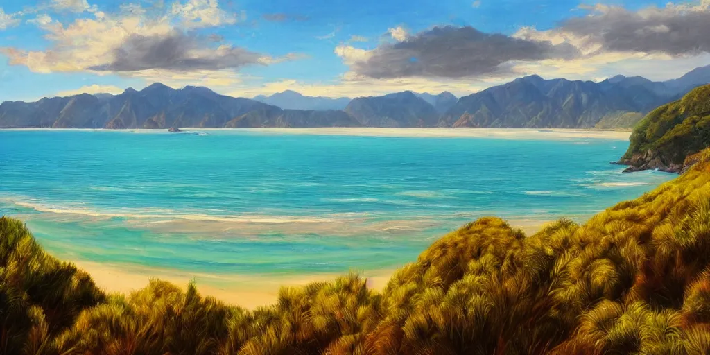 Image similar to golden bay new zealand, abel tasman, colorful oil painting, trending on artstation
