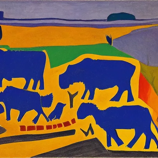 Image similar to a herd of buffalo crosses the road in south dakota, holding up traffic, painted by matisse