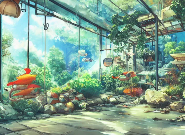 Image similar to wide angle two - point - perspective panoramic anime background clean neat clarity professional visual development set design, tiny cozy store with hanging bird cages and bright fish aquariums, sparse planted terrariums, dim painterly lighting volumetric aquatics, impasto, trending on pixiv