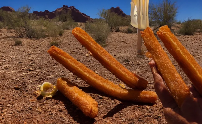 Prompt: a delicious churro in the desert, photography