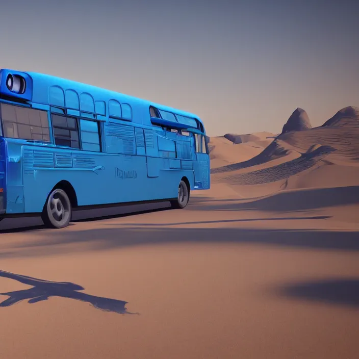 Image similar to Blue bus never stopping, always driving. intricate artwork. in desert, octane render, trending on artstation, very coherent symmetrical artwork. cinematic, hyper realism, high detail, octane render, 8k, iridescent accents