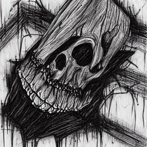 Image similar to a scary horror themed wooden shred drawn with charcoal and pen and ink, half-tone-line-stacking