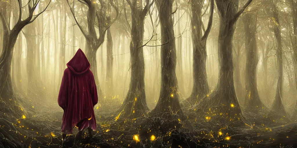 Prompt: a grey hooded wizard walking through a forest of ancient neurons with yellow and red glowing synapses running through the forest, light creeps through the dense jungle, huge incredibly immense trees, highly detailed, hyperrealism, trending on art station, ancient forest like fanal forest or fangorn forest, misty forest, realistic painting, sharp image, hyper realistic art, highly detailed leaves, cinematic, art by konstantin razumov, chiaroscuro