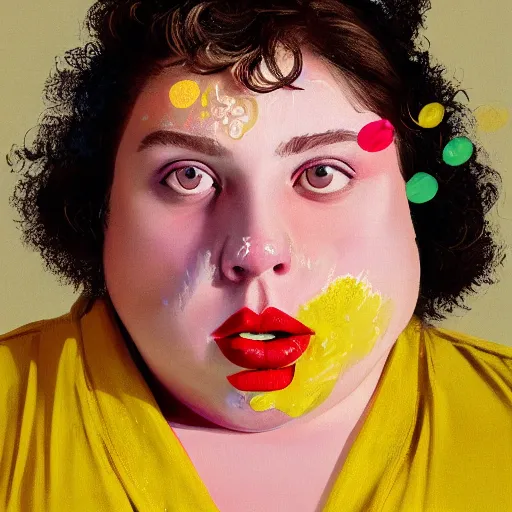 Image similar to colorful and festive cute young plus size todd solondz with tan skin, clear sharp todd solondz face, wearing yellow floral blouse. full body, rich vivid pastel colors, ambient lighting, dynamic lighting, 4 k, atmospheric lighting, painted, intricate, highly detailed by francis bacon and charlie bowater and jenny saville