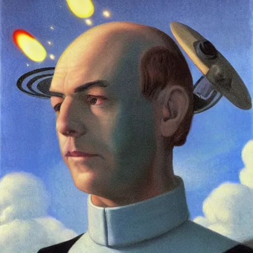 Prompt: a scottish-space-captain who is balding gives you a smirk on his star fleet ship by Raphael, Hopper, and Rene Magritte. detailed, romantic, enchanting, trending on artstation.