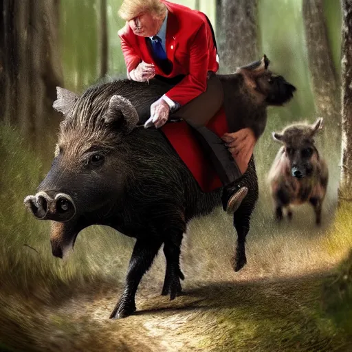 Prompt: donald trump riding a wild boar through the woods, digital art, highly detailed, cinematic lighting, epic composition