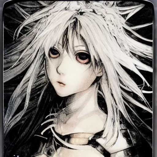Prompt: yoshitaka amano realistic illustration of an anime girl with black eyes, wavy white hair fluttering in the wind and cracks on her face wearing elden ring armour with engraving, abstract black and white patterns on the background, noisy film grain effect, highly detailed, renaissance oil painting, weird portrait angle, blurred and dreamy polaroid photo, three quarter view