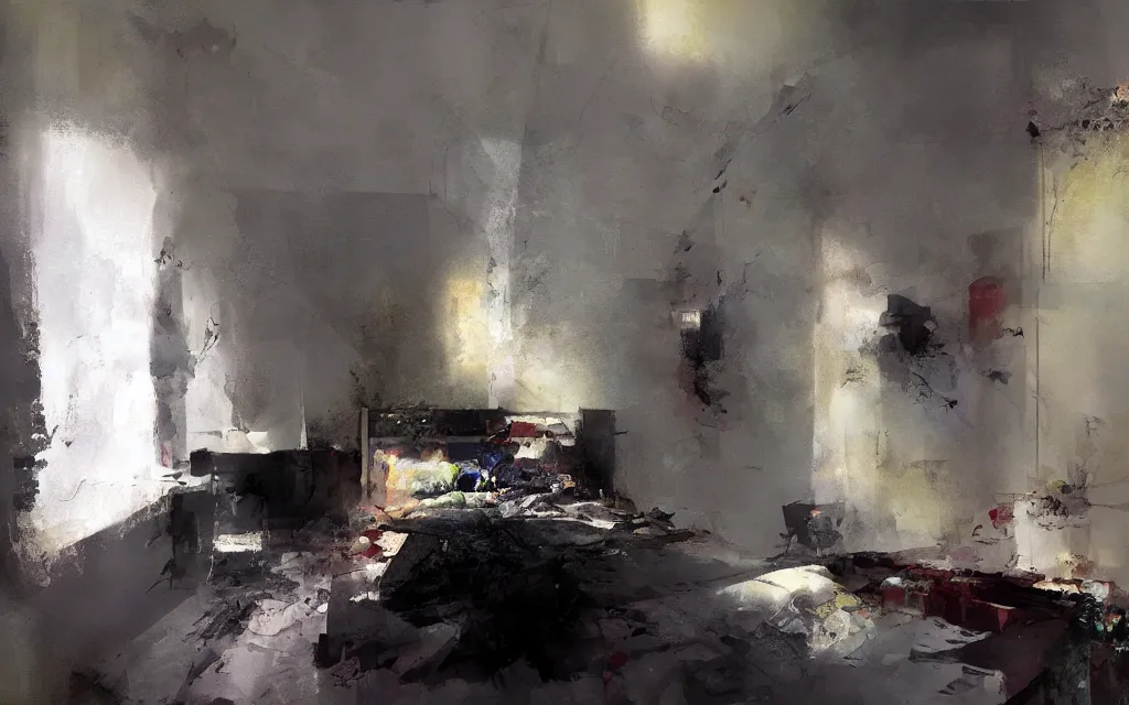 Prompt: a painting of dreaming in beds of the void empty desires rooms, light from the window casting her shadow dreams, style of adrian ghenie