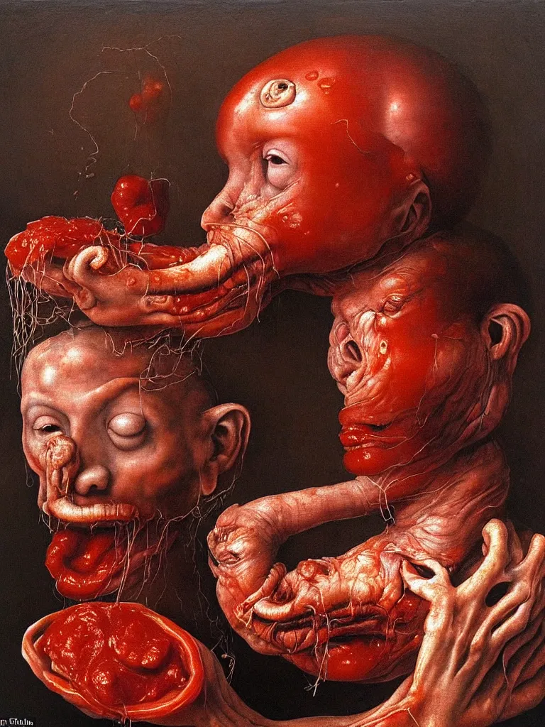 Image similar to a boy like eraserhead and elephant man sitting in a tub full of tomato sauce, looking straight into camera, screaming in desperation, by giuseppe arcimboldo and ambrosius benson, renaissance, fruit, intricate and intense oil paint, a touch of beksinski and hr giger and edward munch, realistic