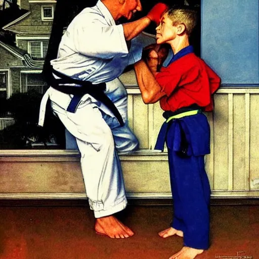 Prompt: benjamin netanyahu karate chopping a kid while wearing karate uniform, by michael cheval and norman rockwell, highly detailed