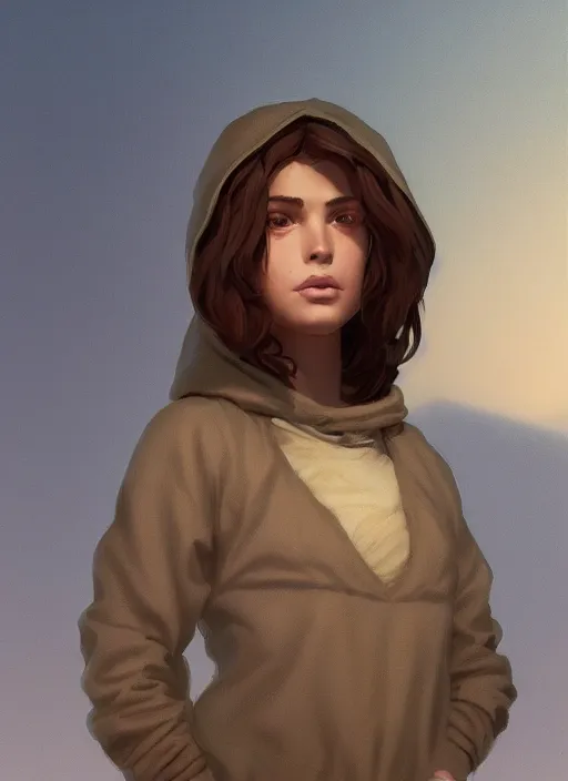 Image similar to shy, short brown hair arab spanish young woman, beige hoodie, by caspar david friedrich by james gilleard and justin gerard, artstation, smooth, sharp focus, by jean baptiste, octane render