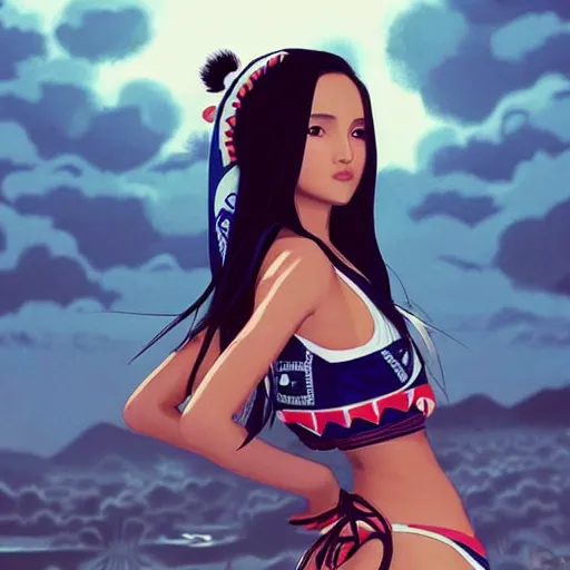 Image similar to a beautiful young japanese natalie portman alluring gravure model, stylized concept art, wearing elaborate oversized designer bomber jacket and one piece bikini, bulky bomber jacket with mesoamerican patterns, mesoamerican native street fashion, princess mononoke, painted by ilya kuvshinov aesthetic, gorgeous, stunning, alluring, attractive, artstation, pinterest, digital art
