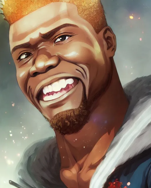 Image similar to anime portrait of Kevin Hart as an anime man by Stanley Artgerm Lau, WLOP, Rossdraws, James Jean, Andrei Riabovitchev, Marc Simonetti, and Sakimichan, trending on artstation